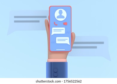3d render smartphone with mobile chat app. Isolated concept male hand holding cellphone using modern application for communication. Low poly. illustration.