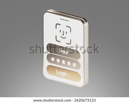 3D render of a smartphone screen with a login form and face recognition icon, representing secure sign-in, user authentication, and mobile access.