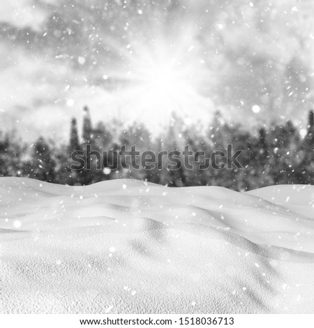 3D render of snow against a defocussed winter landscape