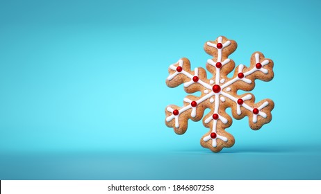 3d Render, Snowflake Shape Gingerbread Cookie Decorated With Icing. Baked Biscuit. Traditional Christmas Food Clip Art Isolated On Blue Background