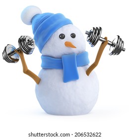 3d render of a snowman lifting weights