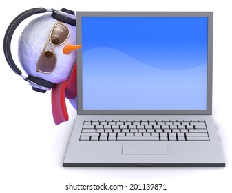 3d render of a snowman wearing headphones behind a laptop computer