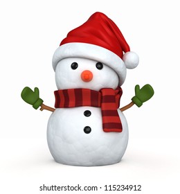 3d Render Of A Snowman Wearing Santa Hat And Gloves