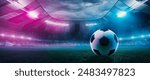 3D render. Soccer ball lying on green field in front of large empty open air stadium with neon floodlights. Full tribune of fans. Banner. Concept of sport, event, tournament, game, championship