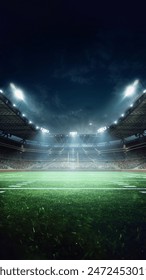 3D render of soccer empty stadium, open air arena with blurred tribune with fans and night sky above. Neon illumination. Vertical image. Concept of professional sport, tournament, game, championship