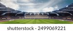 3D render of soccer stadium with empty arena and filled tribune of sport fans waiting for open air match event. Wide angle view. Concept of outdoor sport, activity, football, championship, match