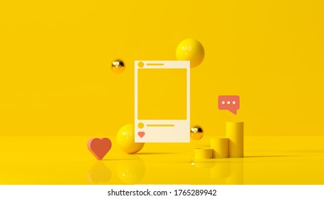 3D Render Social Media With Photo Frame, Like Button And Geometric Shapes On Yellow Background Illustration.