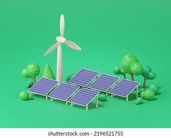 3d render of solar panels and wind turbine.