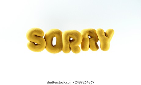 3D render of SORRY text in the form of inflated balloons hanging in the air with yellow rubber material on light background