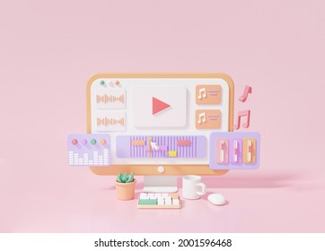 3D render Sound and video clip editor timeline window interface software application on computer monitor Cartoon Minimal style pink background, motion, vlog, movie, illustration
