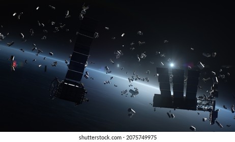 3D Render Of Space Debris Around Planet Earth