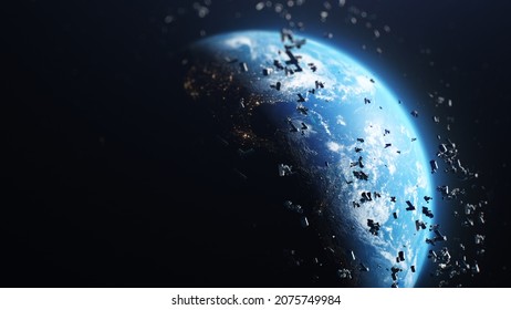 3D Render Of Space Debris Around Planet Earth