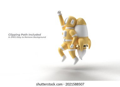 3d Render Spaceman Astronaut Flying With Rocket Pen Tool Created Clipping Path Included In JPEG Easy To Composite.