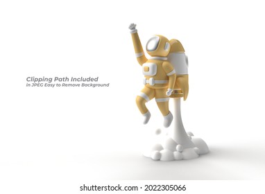 3d Render Spaceman Astronaut Flying With Rocket Pen Tool Created Clipping Path Included In JPEG Easy To Composite.