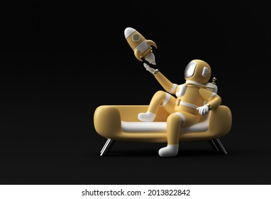 3d Render Spaceman Astronaut Sitting On Sofa With Flying Rocket 3d Illustration Design.