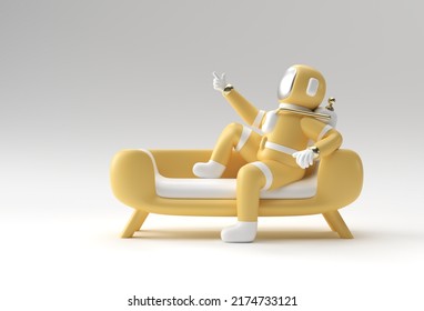 3d Render Spaceman Astronaut Sitting On Sofa With Flying Rocket 3d Illustration Design.