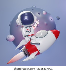 3D Render Spaceman Astronaut Standing On The Rocket, Cartoon Character Astronaut With A Tiny Planet In Space. The Rocket Landing In The Universe. 3d Rendering Illustration.