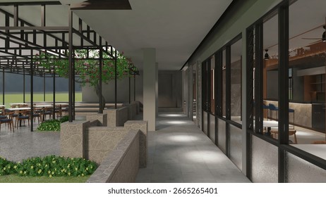 3D Render of Spacious Cafe Dining Area Exterior with Wooden Tables and Chairs