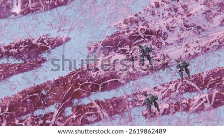 3d render of special forces unit of three sci-fi mech soldiers in heavy armor on jet engine fly in the air exploring an alien planet in search of mineral resources, terrain with pink blue landscape.