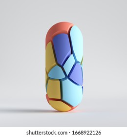 3d Render. Split Geometric Object Isolated On White Background. Abstract Random Colorful Mosaic Pieces, Broken Capsule, Cracked Surface. Blue Red Yellow Elements. Minimal Design