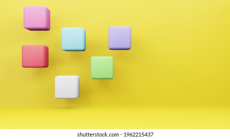 3D Render  Square Blocks On Yellow Wall Background ,floating With Light And Shadow ,3d Illustration