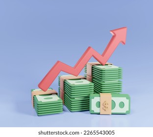 3d render stack of banknote with growing red arrow on blue background. cash profit rise strategy business financial and concept.