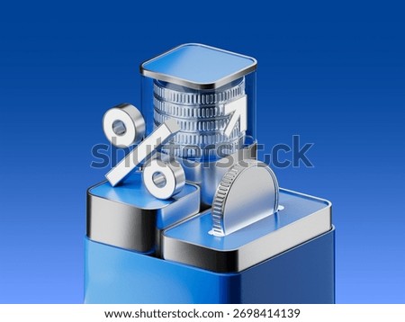 3D render of a stack of metal silver coins with percentage and growth arrow symbols, representing financial growth, investment, savings profit increase. Elegant metallic design on digital background