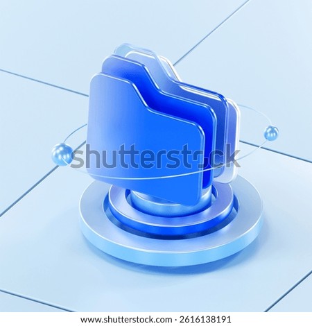 3D render of stacked blue digital folders with orbiting elements in a futuristic space. Represents file management, cloud storage, data organization, or digital archiving.