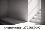 3D render of stair base with dramatic sunlight and shadows. Ideal for architectural visualization, interior design, and minimalist concept mockups with strong geometric contrast.