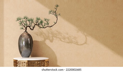 3D Render Of Stand Alone Beautiful Form Japanese Bonsai Tree In An Antique Ceramic Vase On Golden Chinese Pattern Table, Morning Sunlight, Blank Beige Texture Wall, Space, Zen, Oriental, Background.