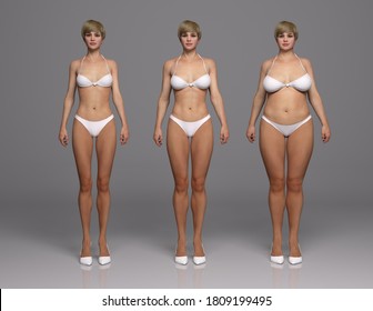 3D Render : standing female body type illustration : ectomorph (skinny type), mesomorph (muscular type), endomorph(heavy weight type)