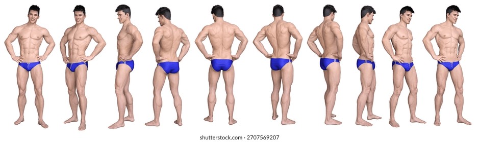3D Render : standing young handsome muscular man character wearing blue swimming trunks  and hands on hips in different angles, isolated for graphic resources, clipping path included