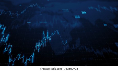 3d render. Statistic graph of stock market data and financial analysis. Stock market graph. Financial statistical analysis on blue background with growing charts. Big data on LED panel.