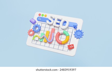 3D render statistics analytics SEO optimization strategy and research  precise marketing via data website technology development concept. growth financial report, target, cartoon style. illustration