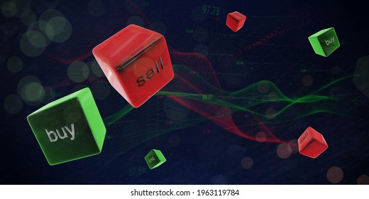 3d render of the stock market illustration. Cubes with the words buy and sell on an abstract dark background