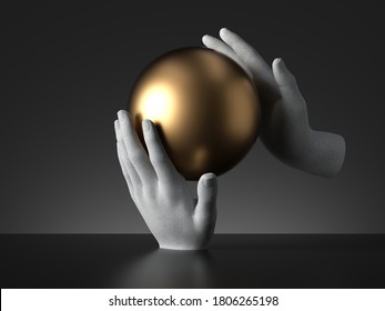 3d Render Stone Hands Hold Golden Ball, Isolated On Black Background. Culture Metaphor, Modern Minimal Concept, Simple Clean Design. Human Limb Prosthesis. Sculpture Art Object