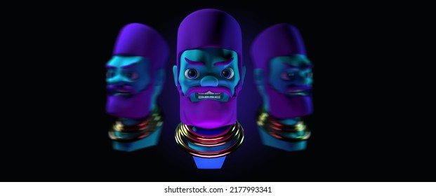 3D Render Of A Strange Game Character Like A Genie On A Dark Background With A Blue Face And Purple Hair