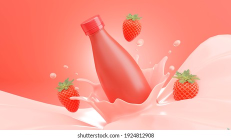 3d Render Of Strawberry Milk Bottle With Splash For Mockup Branding