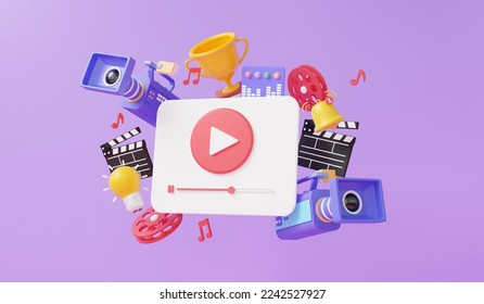 3d render streaming playing video multimedia with movie camera floating with trophy cup award idea entertainment media creative professional, clapper board elements, minimal cartoon illustration