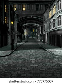 3D render of street scene at night with 19th century city buildings