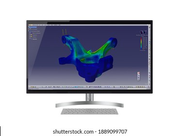 3D render. Stress loads. Finite element analysis on a mechanical part. Engineering software on a computer screen. Steering Knuckle
