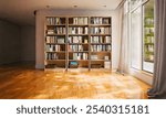 3d render of study room or library background with book shelf with sunshine shadow.