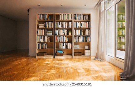 3d render of study room or library background with book shelf with sunshine shadow.