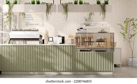 3D render stylish korean cafe interior design, front view of sage green coffee shop counter with bakery display and decoration plants. Brick beige wall, Morning sunlight, Homemade, Mockup, Background. - Powered by Shutterstock