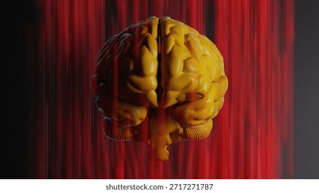 3D render of a stylized brain surrounded by intense downward red motion, suited for cognitive and psychological stress themes.