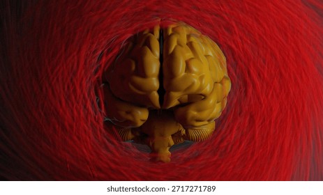 3D render of a stylized brain surrounded by intense circular red motion, ideal for cognitive and emotional stress themes.