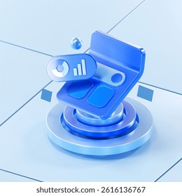 3D render of a stylized dashboard interface with data charts and panels in a digital blue space. Represents analytics, performance tracking, UI design, or data visualization.