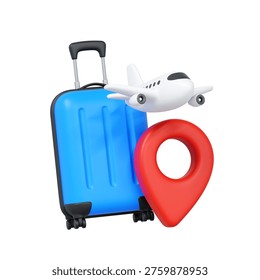 3D render of a suitcase with airplane and red map pin. Travel, air transport, destination choice and trip planning concept. Isolated on light background