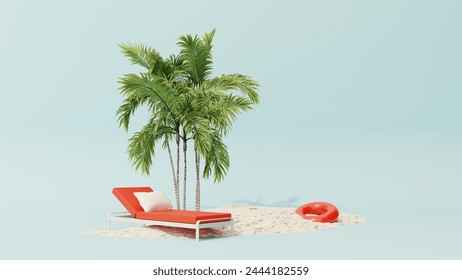 3D render of summer background, banner, poster. Sun lounger with umbrella on the sand among palm trees. Summer concept for advertising, travel, vacation.