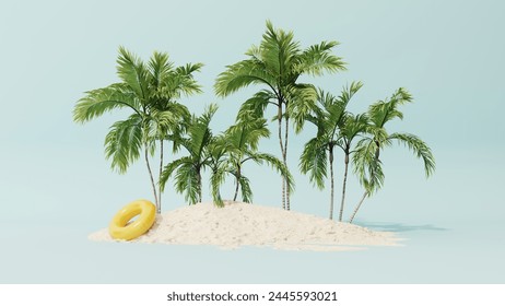 3D render of summer background, banner, poster. Sun lounger with umbrella on the sand among palm trees. Summer concept for advertising, travel, vacation.